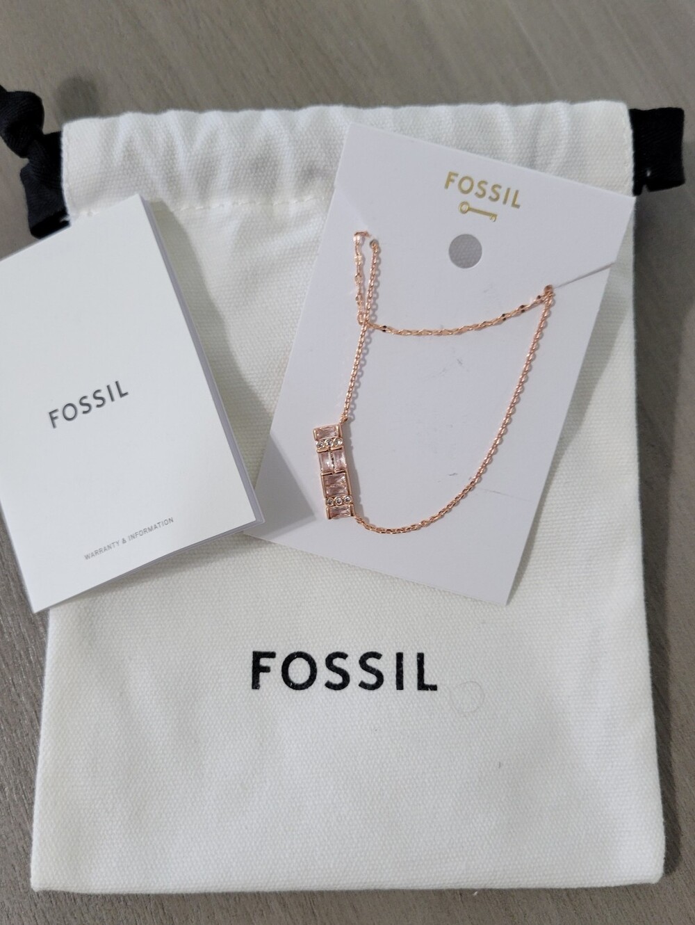 Fossil Rose-Tone Crystal Bar 18" Necklace and Dust Gift Bag NEW